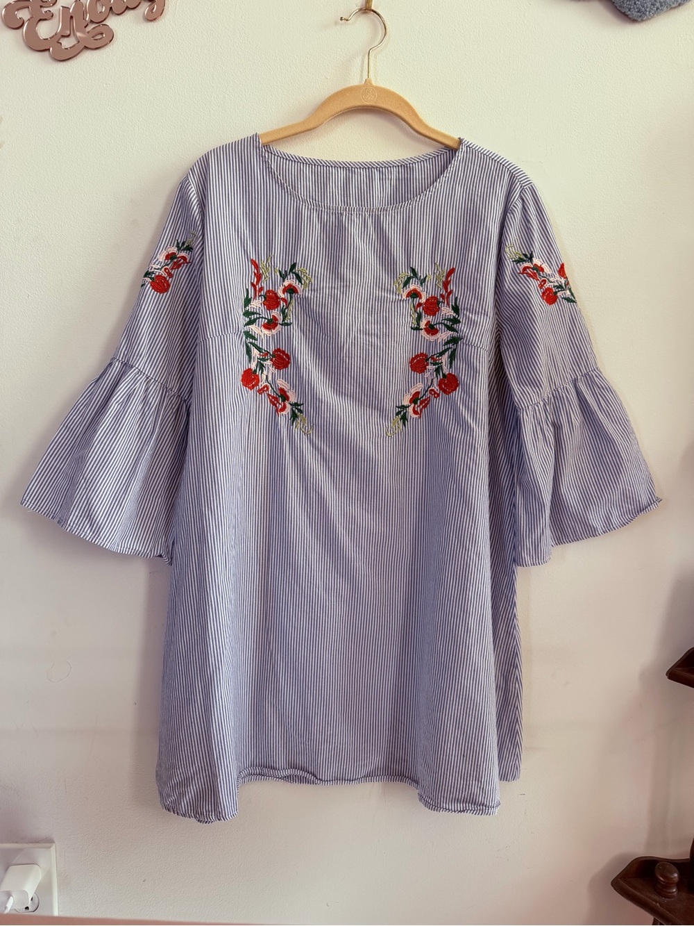 Striped Embroidered Bell Sleeve Babydoll Tunic